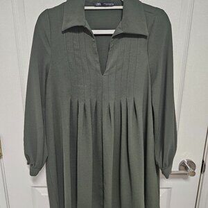 Zara XS Dark Green Pleated Collared Dress Long Sleeves